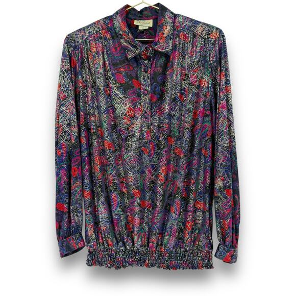 Vintage 1970s Lady Diplomat Abstract Print Shimmer Metallic Blouse, Size 14 - Picture 1 of 9